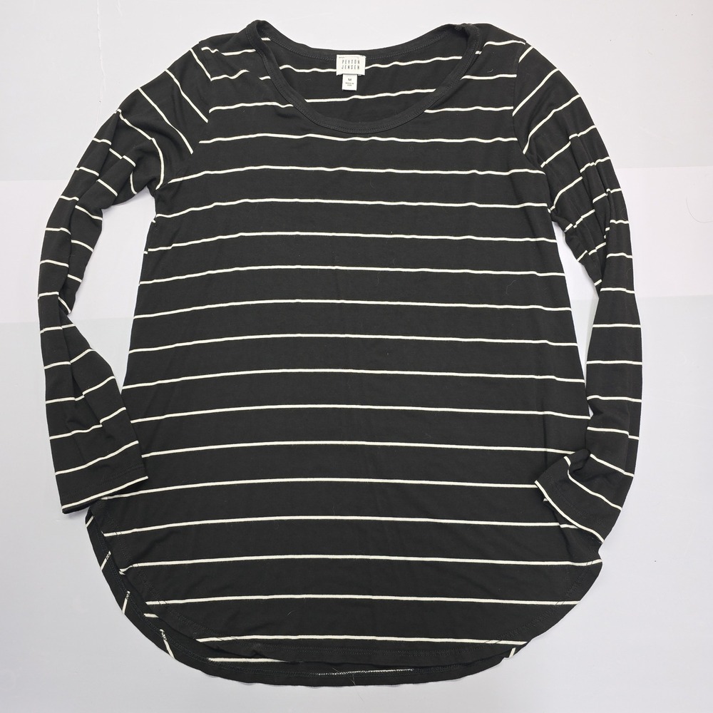 Peyton Jensen Womens Medium Black White Striped Long Sleeve Scoop Neck Tee Shirt